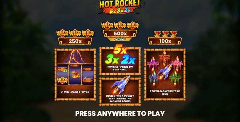 Hot Rocket 5x 3x 2x - glavni meni sa rolnama i tasterom za spin