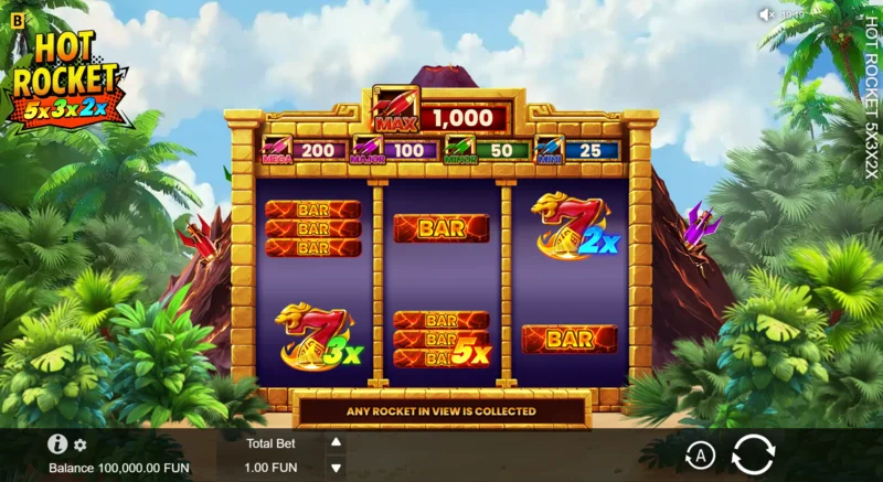 Hot Rocket 5x 3x 2x - osnovni spin sa overlay koeficijentima na rolnama